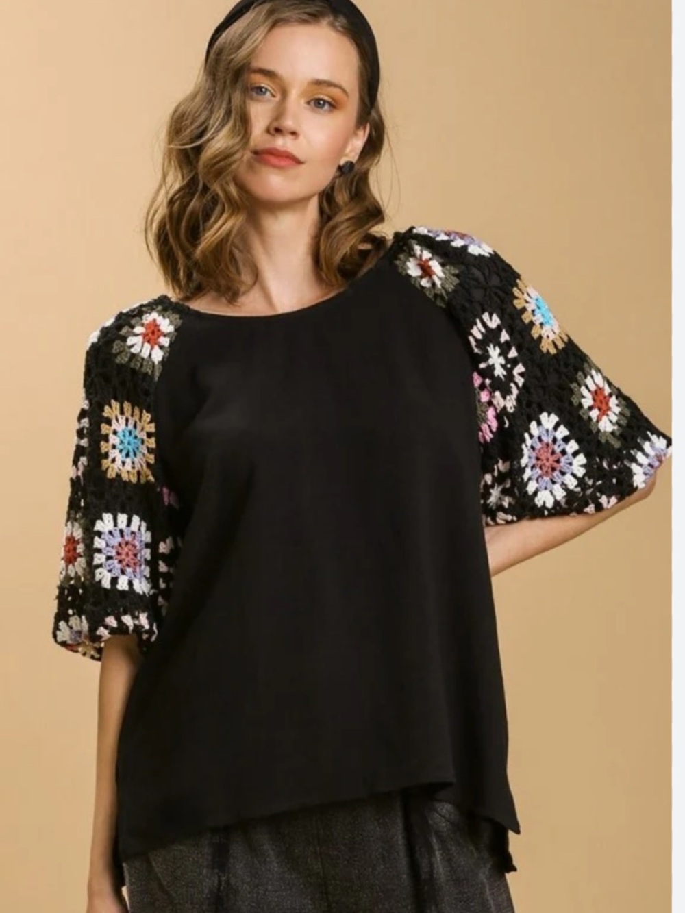 Umgee Black Linen Blend Top Multicolor Crochet Puff Sleeves